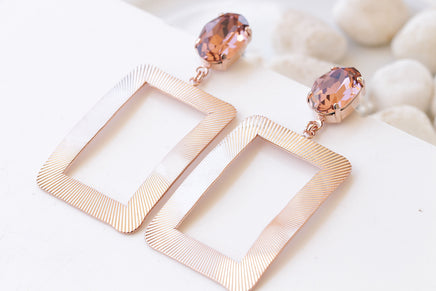 BLUSH STATEMENT EARRINGS, Rose Gold Earrings, Geometric Earrings, Drop Long Earrings, Bridal Gold Earrings, Rectangle Pink Big Earring Gift