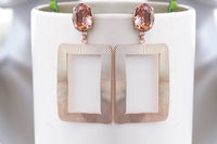 BLUSH STATEMENT EARRINGS, Rose Gold Earrings, Geometric Earrings, Drop Long Earrings, Bridal Gold Earrings, Rectangle Pink Big Earring Gift