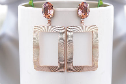 BLUSH STATEMENT EARRINGS, Rose Gold Earrings, Geometric Earrings, Drop Long Earrings, Bridal Gold Earrings, Rectangle Pink Big Earring Gift