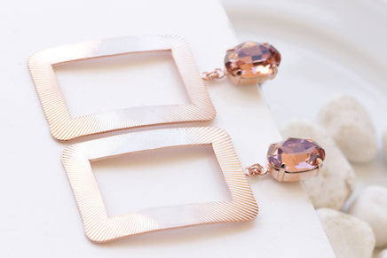 BLUSH STATEMENT EARRINGS, Rose Gold Earrings, Geometric Earrings, Drop Long Earrings, Bridal Gold Earrings, Rectangle Pink Big Earring Gift