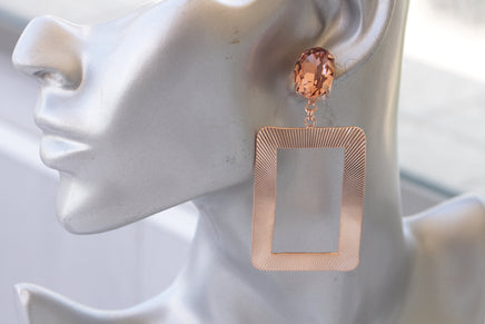 BLUSH STATEMENT EARRINGS, Rose Gold Earrings, Geometric Earrings, Drop Long Earrings, Bridal Gold Earrings, Rectangle Pink Big Earring Gift