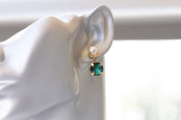 EMERALD PEARL EARRINGS ,Emerald Bridal Stud Earrings, Dark Green Minimalist Earrings,Wedding Small Earrings, Elegant Wedding Jewelry Gift