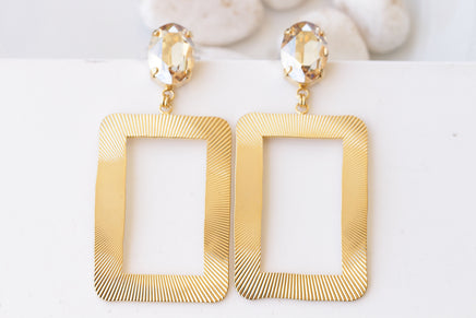 CHAMPAGNE STATEMENT EARRINGS, Gold Oversized Earrings, Rectangle Earrings, Drop Long Earrings, Bridal Earrings,Boho Gold Topaz Big Earrings