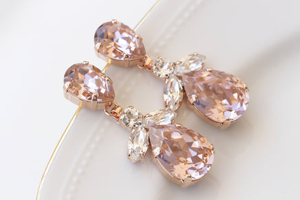 BLUSH BRIDAL EARRINGS, Light Pink Wedding Earrings, Morganite Crystal Long Earrings, Rose Gold Earrings, Bridesmaid Teardrop Earring Gift