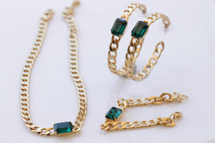EMERALD CENTER STONE Gold Chain,Cocker Wedding Dark Green Necklace,Chunky Emerald Bracelet Necklace Earrings Set, Brides Emerald Jewelry Set