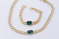 Hoop Gold Chain Earrings, Wedding Dark Green Large Hoops Earrings, Chunky Emerald Bracelet Necklace Earrings Set, Brides Emerald Jewelry Set
