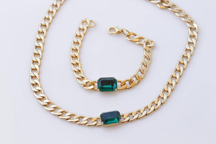 Hoop Gold Chain Earrings, Wedding Dark Green Large Hoops Earrings, Chunky Emerald Bracelet Necklace Earrings Set, Brides Emerald Jewelry Set
