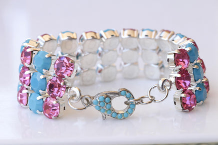 FUCHSIA TURQUOISE BRACELET, Pink And Blue Turquoise Silver Bracelet, Gift For Her, Chunky Pave Colorful Bracelet, Evening Statement Bracelet