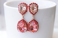 Light Red Earrings, BLUSH EARRINGS, Cocktail earrings. Women's earrings. Chandelier earrings. Red Gold Long Earrings, Red Dangle Earrings
