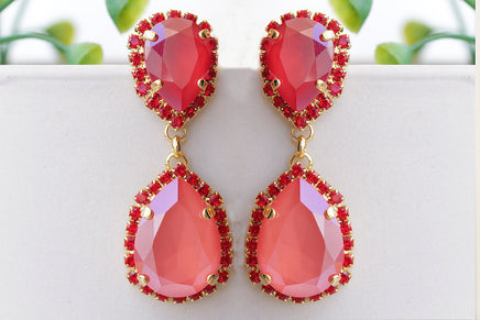 RED CORAL EARRINGS, Cocktail earrings. Teardrop earrings. Chandelier earrings. Red Gold Long Earrings, Red Drop Earrings. Gift For Woman