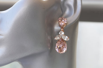 BLUSH BRIDAL EARRINGS, Light Pink Wedding Earrings, Morganite Crystal Long Earrings, Rose Gold Earrings, Bridesmaid Teardrop Earring Gift