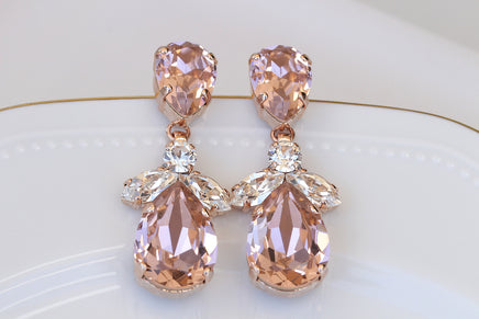 BLUSH BRIDAL EARRINGS, Light Pink Wedding Earrings, Morganite Crystal Long Earrings, Rose Gold Earrings, Bridesmaid Teardrop Earring Gift