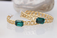 EMERALD CENTER STONE Gold Chain,Cocker Wedding Dark Green Necklace,Chunky Emerald Bracelet Necklace Earrings Set, Brides Emerald Jewelry Set
