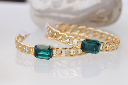 EMERALD CENTER STONE Gold Chain,Cocker Wedding Dark Green Necklace,Chunky Emerald Bracelet Necklace Earrings Set, Brides Emerald Jewelry Set