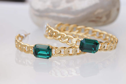 Hoop Gold Chain Earrings, Wedding Dark Green Large Hoops Earrings, Chunky Emerald Bracelet Necklace Earrings Set, Brides Emerald Jewelry Set