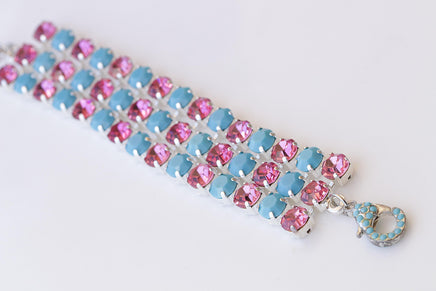 FUCHSIA TURQUOISE BRACELET, Pink And Blue Turquoise Silver Bracelet, Gift For Her, Chunky Pave Colorful Bracelet, Evening Statement Bracelet