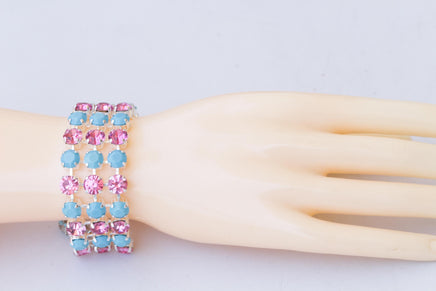 FUCHSIA TURQUOISE BRACELET, Pink And Blue Turquoise Silver Bracelet, Gift For Her, Chunky Pave Colorful Bracelet, Evening Statement Bracelet