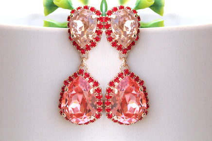 Light Red Earrings, BLUSH EARRINGS, Cocktail earrings. Women's earrings. Chandelier earrings. Red Gold Long Earrings, Red Dangle Earrings