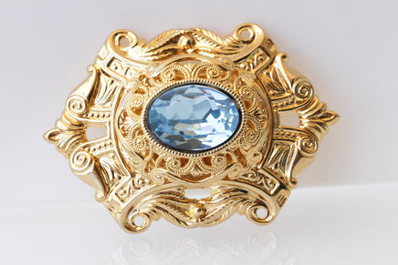 AQUAMARINE BROOCH, Filigree Dresses Brooch, Ethnic Brooch,Lace Brooch, Gold Blue Large Brooch, Antique Style Brooch,Grandmother Vintage Gift