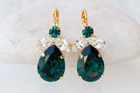 EMERALD DROP EARRINGS, Dark Green Wedding Earrings, Crystal Green Earrings, Leverback Formal Earrings For Woman Gift, Christmas Bridal Gift