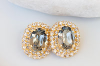 GRAY GOLD EARRINGS, Statement Evening Stud Earrings, Black Diamond Earrings, Smoky Gray earrings, bridal shower Earring Gift, Gray Crystals