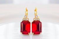 RUBY RED Crystal Earrings, Red Gold Geometric Rectangle Earrings, Classic Red Crystal Drop Earrings, Bridal Drop Minimalist Earrings Gift