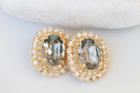 GRAY GOLD EARRINGS, Statement Evening Stud Earrings, Black Diamond Earrings, Smoky Gray earrings, bridal shower Earring Gift, Gray Crystals