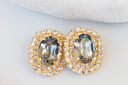 GRAY GOLD EARRINGS, Statement Evening Stud Earrings, Black Diamond Earrings, Smoky Gray earrings, bridal shower Earring Gift, Gray Crystals