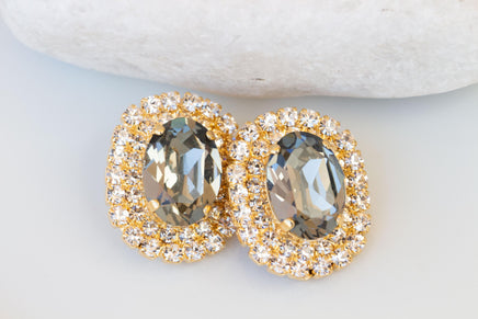 GRAY GOLD EARRINGS, Statement Evening Stud Earrings, Black Diamond Earrings, Smoky Gray earrings, bridal shower Earring Gift, Gray Crystals