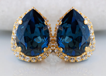 NAVY BLUE Clip on Earrings, Blue Topaz Wedding Non Pierced Earrings, Dark Blue Teardrop Earrings, Elegant Clip ons Studs, Bridesmaid Clip on