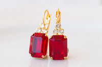 RUBY RED Crystal Earrings, Red Gold Geometric Rectangle Earrings, Classic Red Crystal Drop Earrings, Bridal Drop Minimalist Earrings Gift