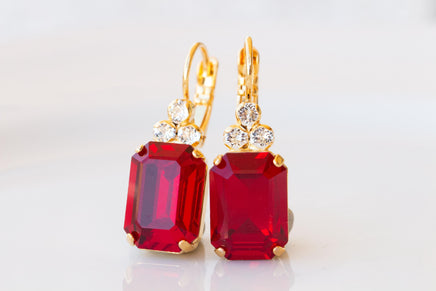 RUBY RED Crystal Earrings, Red Gold Geometric Rectangle Earrings, Classic Red Crystal Drop Earrings, Bridal Drop Minimalist Earrings Gift