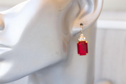 RUBY RED Crystal Earrings, Red Gold Geometric Rectangle Earrings, Classic Red Crystal Drop Earrings, Bridal Drop Minimalist Earrings Gift