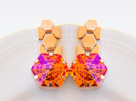 GOLDEN PINK EARRINGS, Astral Pink Earrings, Rose Gold Long Earrings, Orange Earrings, Evening Jewelry For Her, Hot Orange Fuchsia Earrings