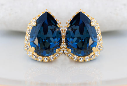 NAVY BLUE Clip on Earrings, Blue Topaz Wedding Non Pierced Earrings, Dark Blue Teardrop Earrings, Elegant Clip ons Studs, Bridesmaid Clip on