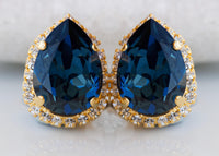 NAVY BLUE Clip on Earrings, Blue Topaz Wedding Non Pierced Earrings, Dark Blue Teardrop Earrings, Elegant Clip ons Studs, Bridesmaid Clip on
