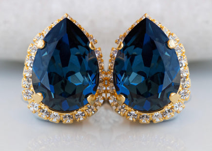 NAVY BLUE Clip on Earrings, Blue Topaz Wedding Non Pierced Earrings, Dark Blue Teardrop Earrings, Elegant Clip ons Studs, Bridesmaid Clip on
