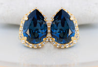 NAVY BLUE Clip on Earrings, Blue Topaz Wedding Non Pierced Earrings, Dark Blue Teardrop Earrings, Elegant Clip ons Studs, Bridesmaid Clip on
