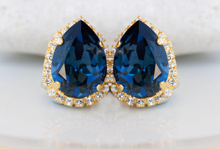 NAVY BLUE Clip on Earrings, Blue Topaz Wedding Non Pierced Earrings, Dark Blue Teardrop Earrings, Elegant Clip ons Studs, Bridesmaid Clip on