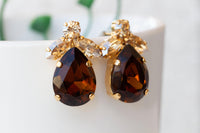 Brown Champagne Earrings, Elegant Evening Woman Earrings, Big Teardrop Stud Earrings, Brown And Gold Crystal Earrings, Smoke Topaz Earrings