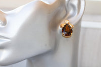 Brown Champagne Earrings, Elegant Evening Woman Earrings, Big Teardrop Stud Earrings, Brown And Gold Crystal Earrings, Smoke Topaz Earrings