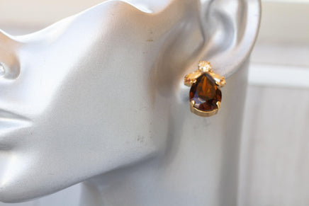 Brown Champagne Earrings, Elegant Evening Woman Earrings, Big Teardrop Stud Earrings, Brown And Gold Crystal Earrings, Smoke Topaz Earrings