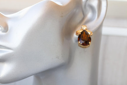 Brown Champagne Earrings, Elegant Evening Woman Earrings, Big Teardrop Stud Earrings, Brown And Gold Crystal Earrings, Smoke Topaz Earrings