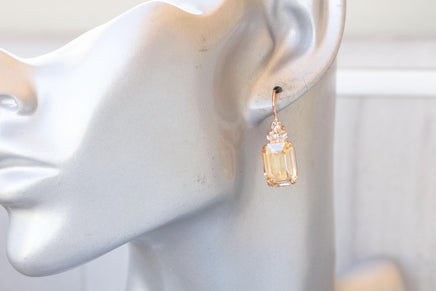 CHAMPAGNE Crystal Earrings, Gold Topaz Geometric Dainty Earrings, Rose Gold Brides Drop Earrings, Bridal Drop Minimalist Earrings Gift
