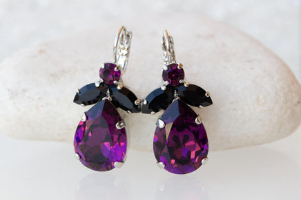 PURPLE DROP EARRINGS, Dark Purple Wedding Earrings, Crystal Amethyst Earrings, Black And Purple Formal Earrings For Woman , Christmas Gift
