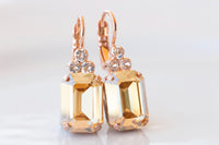 CHAMPAGNE Crystal Earrings, Gold Topaz Geometric Dainty Earrings, Rose Gold Brides Drop Earrings, Bridal Drop Minimalist Earrings Gift