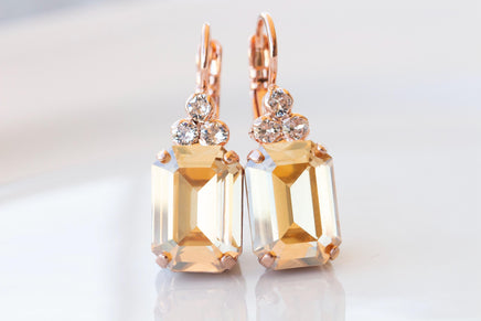 CHAMPAGNE Crystal Earrings, Gold Topaz Geometric Dainty Earrings, Rose Gold Brides Drop Earrings, Bridal Drop Minimalist Earrings Gift