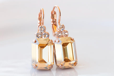 CHAMPAGNE Crystal Earrings, Gold Topaz Geometric Dainty Earrings, Rose Gold Brides Drop Earrings, Bridal Drop Minimalist Earrings Gift