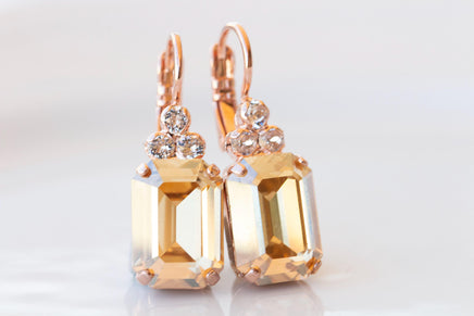 CHAMPAGNE Crystal Earrings, Gold Topaz Geometric Dainty Earrings, Rose Gold Brides Drop Earrings, Bridal Drop Minimalist Earrings Gift