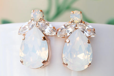 OPAL CRYSTALS EARRINGS, White Opal Evening Large Stud Earrings, Wedding Bridal Earrings, Bridesmaid Gift, Vintage Style Earrings For Brides